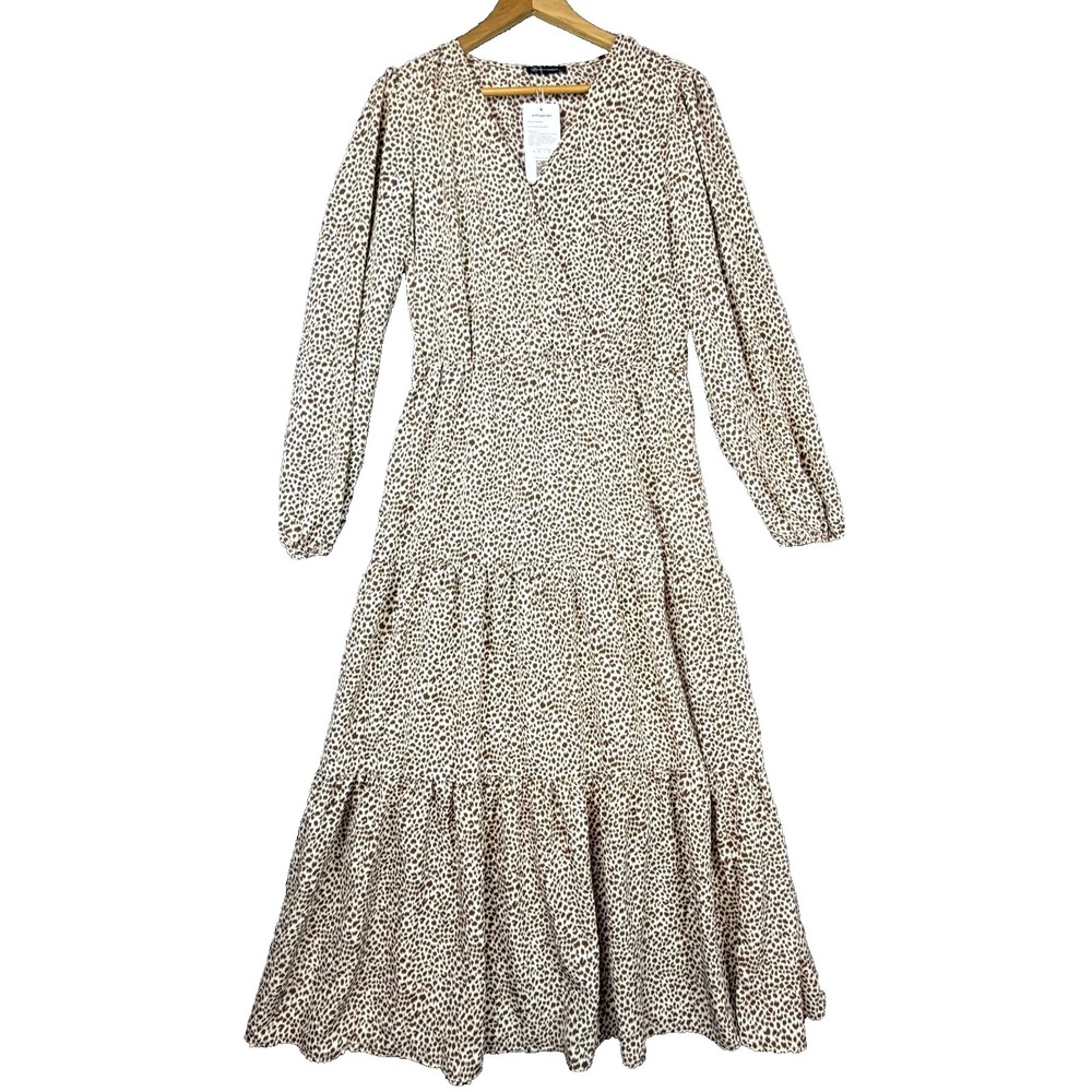 Pretty Garden Tiered Maxi Dress Women Large Beige Brown Leopard‎ Boho Peasant